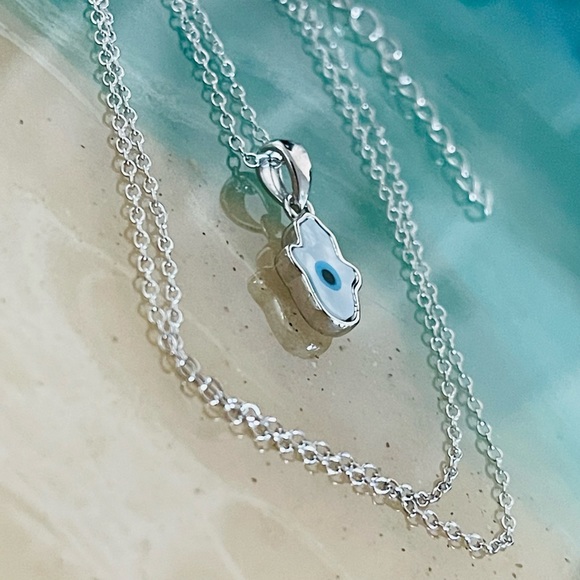 Sterling Silver Mother of Pearl Blue Evil Eye Hamsa Necklace, Silver Necklace - Picture 5 of 11